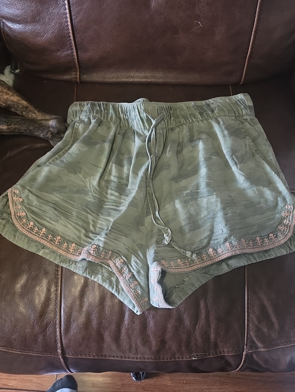 Blue Rain Olive Green Camo Embroidered Athletic Shorts